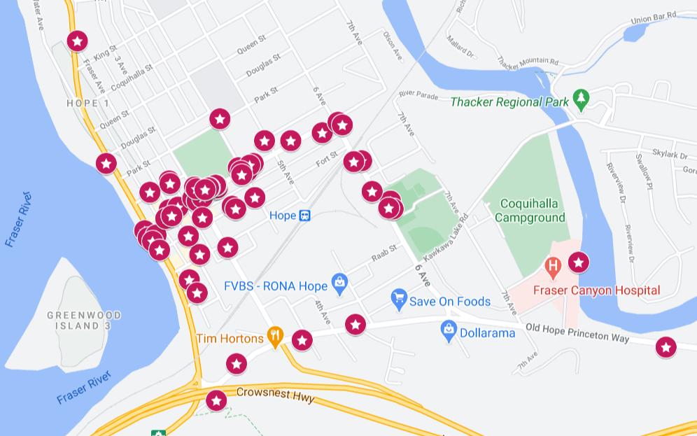 Google map with dropped pins showing the location of 62 chainsaw carvings around the town of Hope, BC