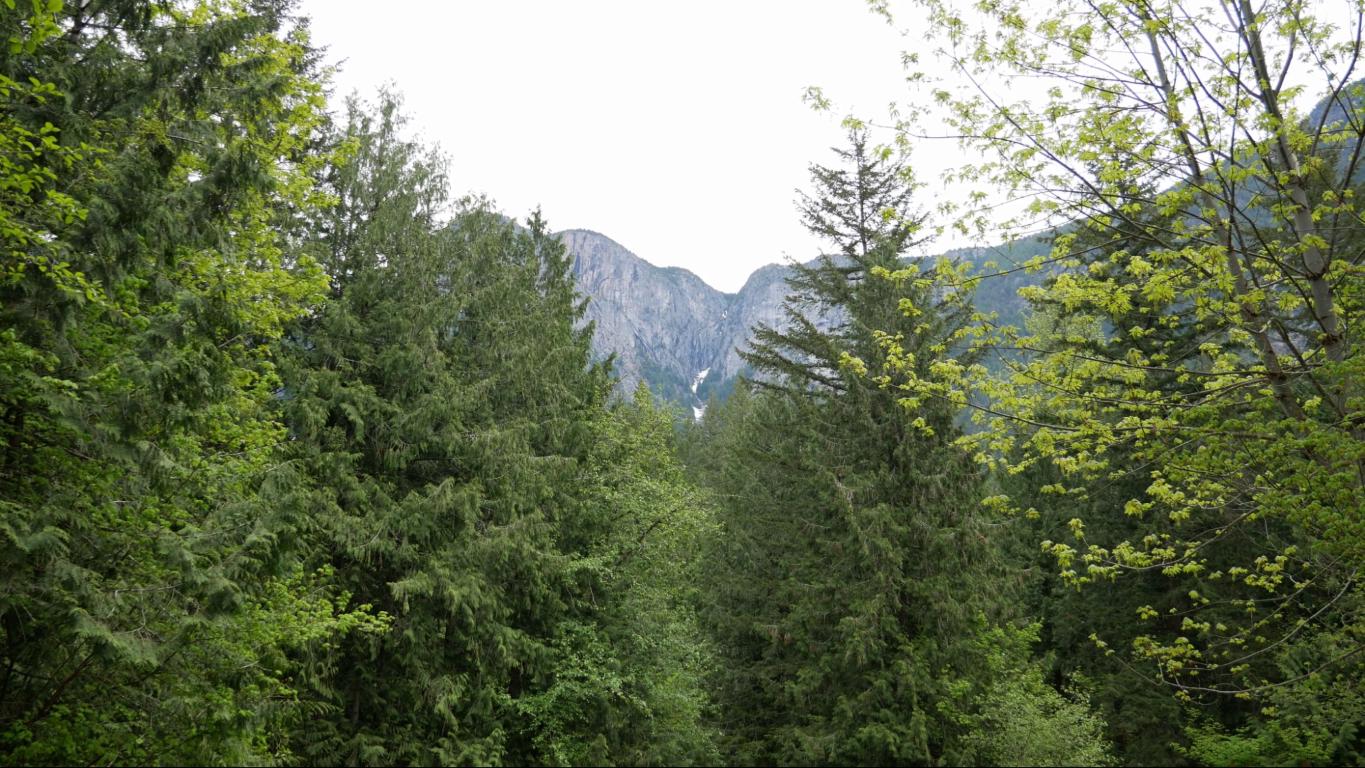 Mountain view from site #22/23 at Silver Lake provincial park campground near Hope, BC, Canada