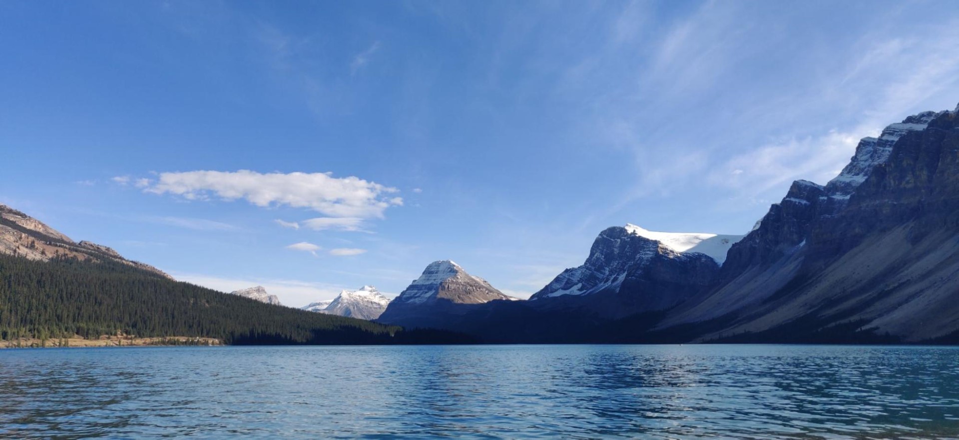 The Bow Lake and surrounding mountains, a stop along the Icefields Parkway between Jasper and Banff National Parks in Alberta, Canada. 