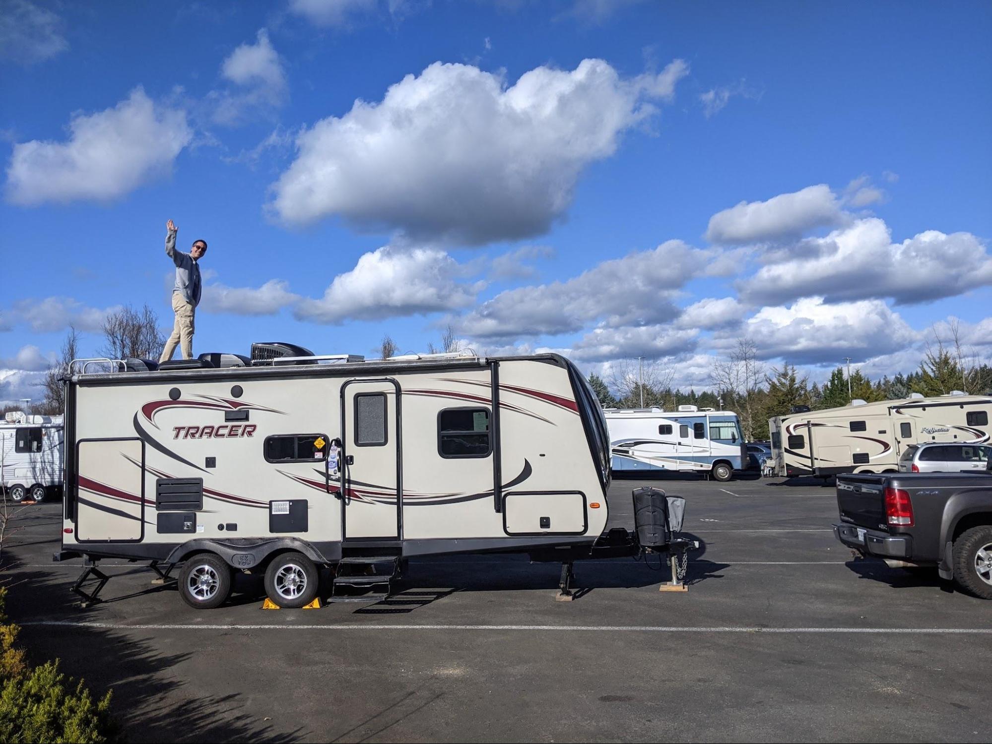 Jay getting a birds-eye view of all the other RVs at the Tulalip Casino RV parking where we stayed the last night of our 97-day roadtrip.