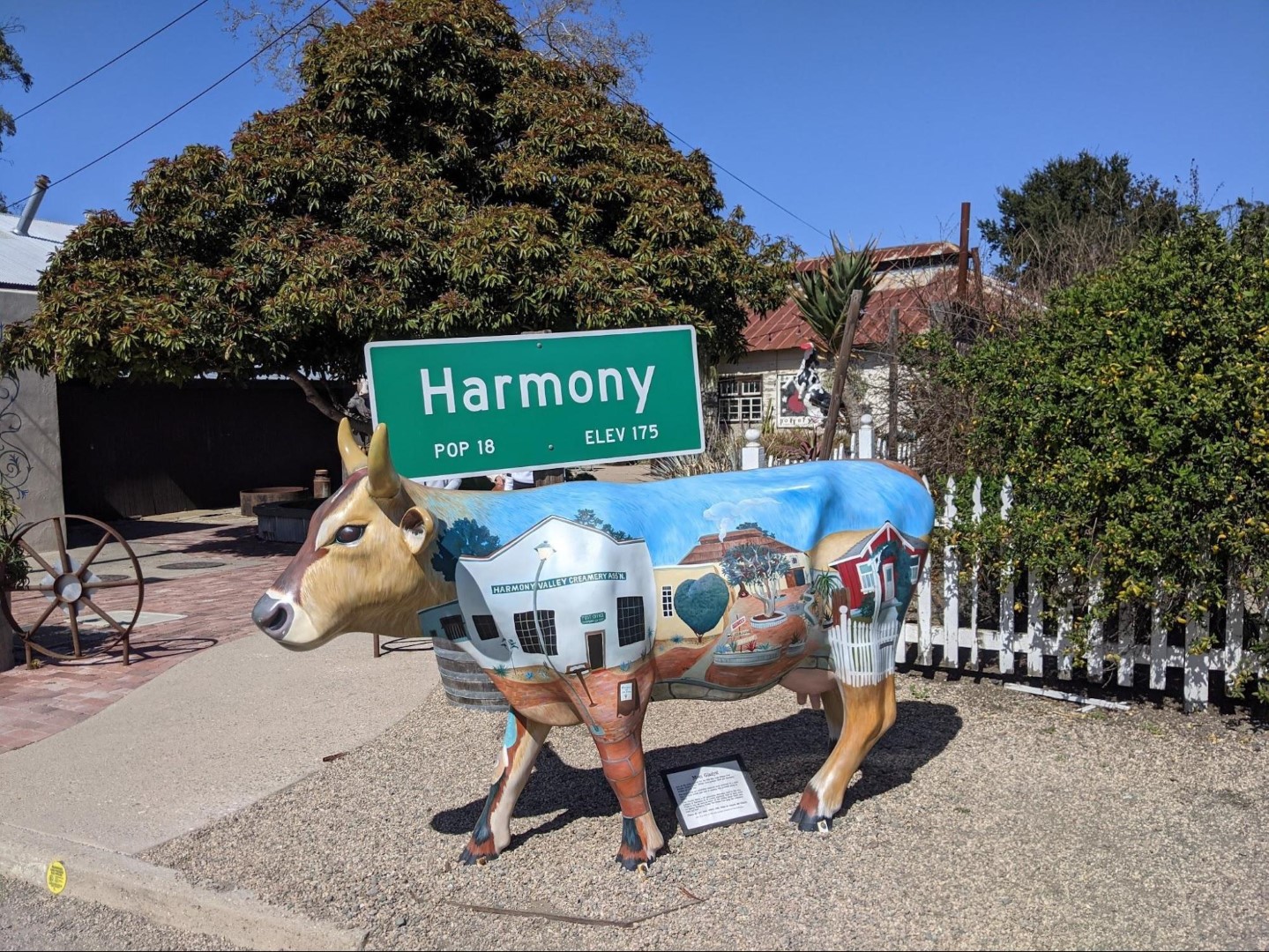 The town of Harmony, California is a tiny artist's village with a population of 18 people. Famous for its ice cream, glass blowing art, pottery, and as a wedding venue. 