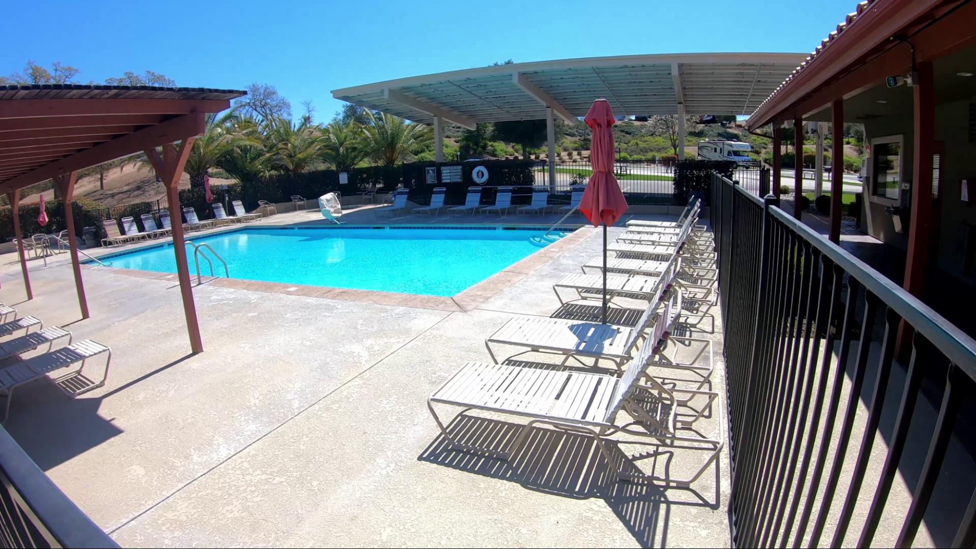 the pool behind the main office at Wine Country RV Resort in Paso Robles, CA. 