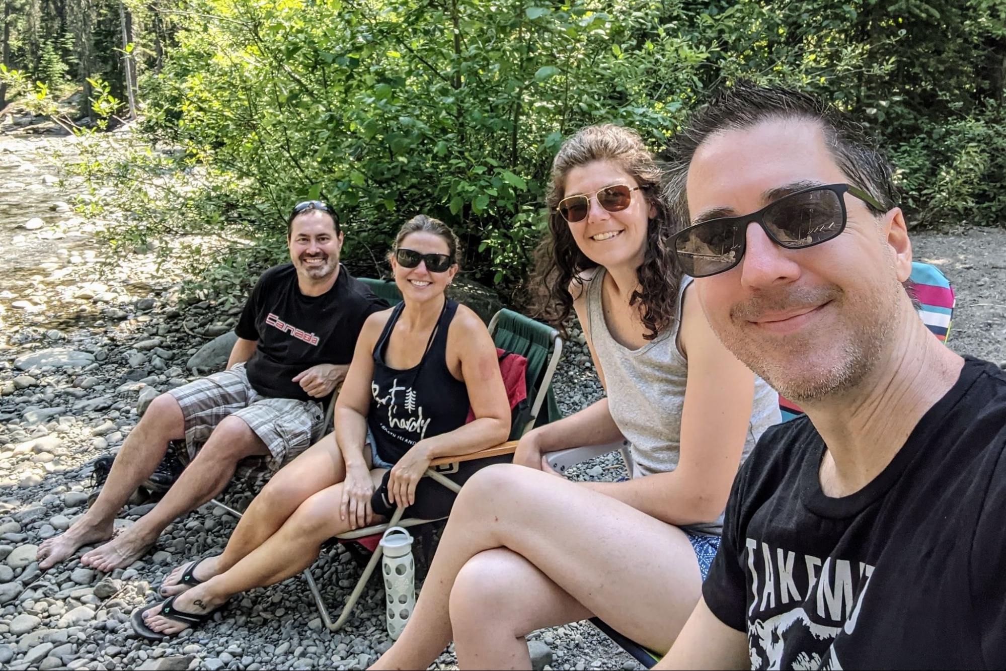 Chris, Emilie, Mel, and Jay (left to right) cooling off on a hot day next to the Similkameen river at the Coldspring Campground in Manning Park, BC. 
