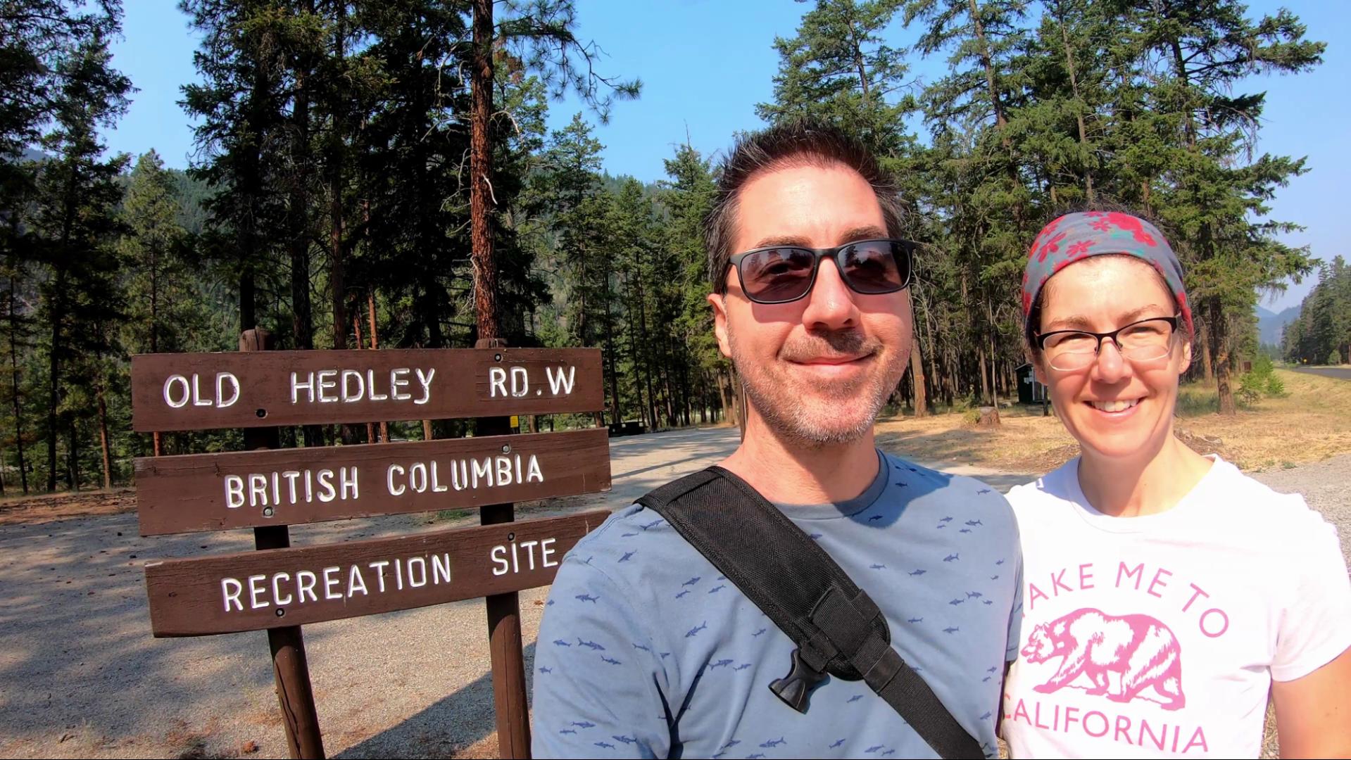 Mel & Jay at the sign for Old Hedley West Recreation Site near Princeton, BC. 