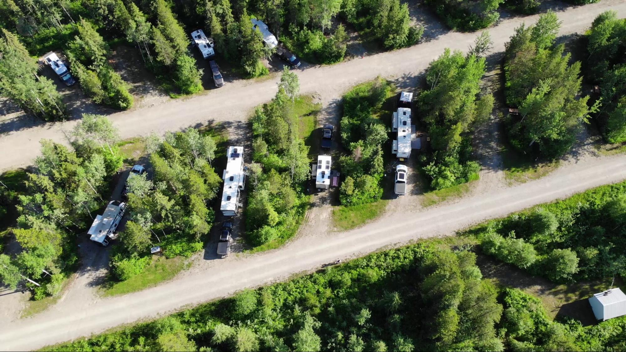 Aerial photo of the large pull-through campsites at MamaYeh RV Park in Prince George, BC, Canada