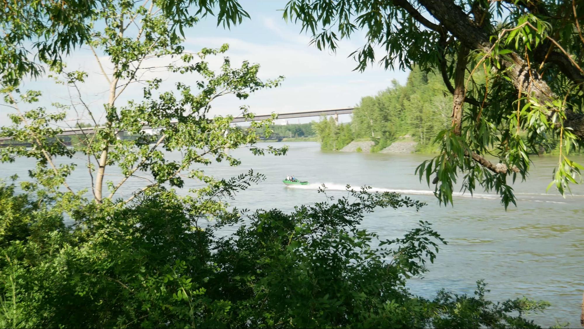 A fishing boat out on the Fraser River in Prince George, BC