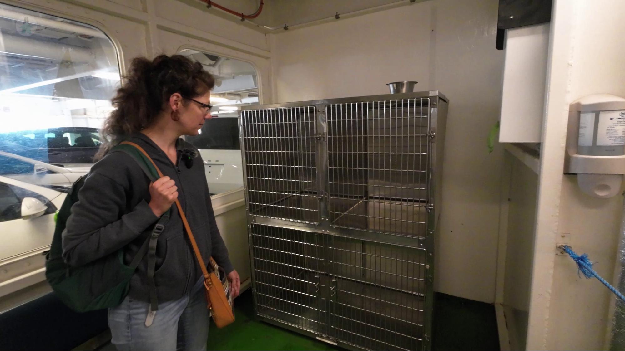 Mel looking at the pet area on a BC ferry. There is a metal kennel, poo bags, and water available. 